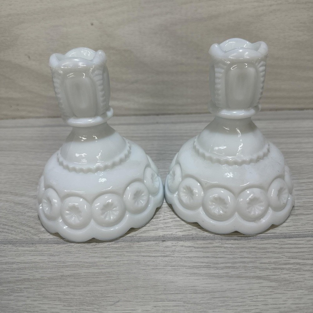 L.E. SMITH Milk Glass Moon & Star Candlestick Pair 4x4.5" Vintage